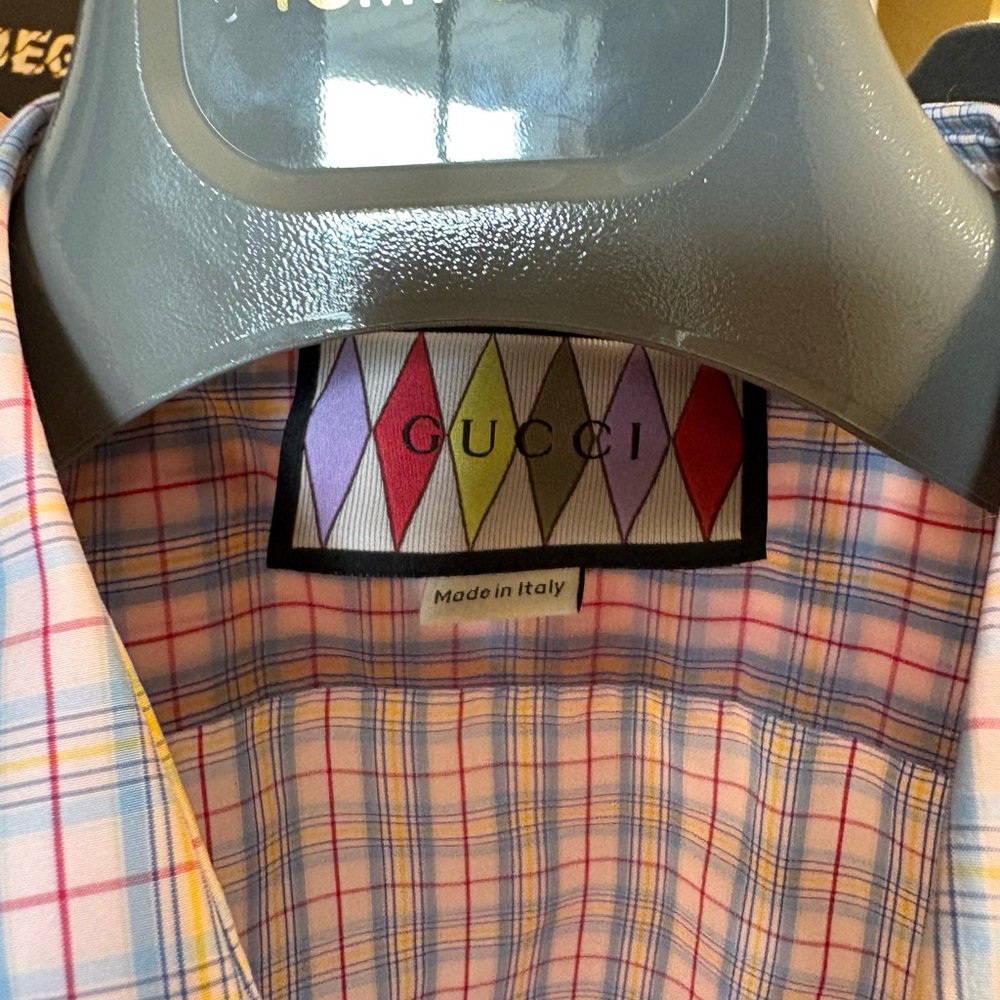 Gucci Men's Pink and Blue Plaid Shirt